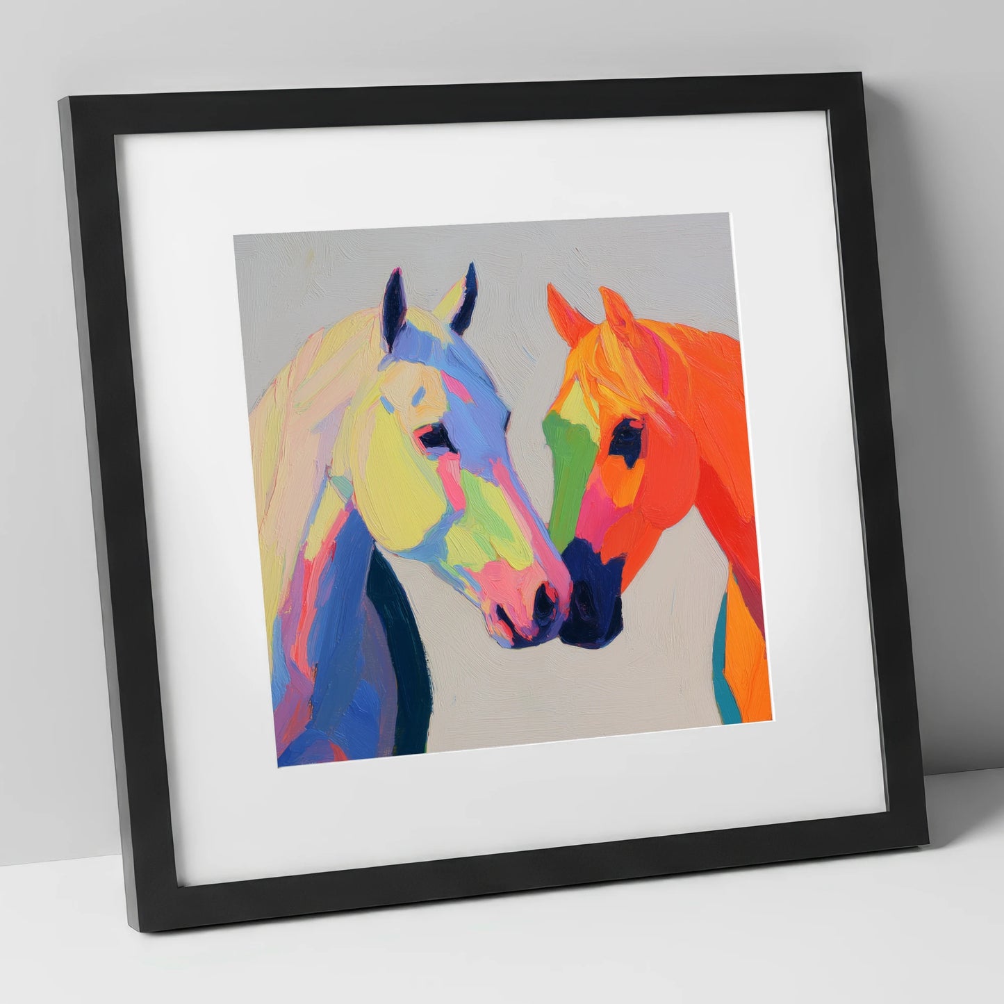 Technicolour Companions horse portrait art print in black frame