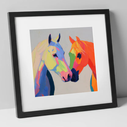 Technicolour Companions horse portrait art print in black frame