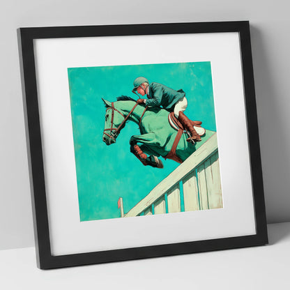 Teal Showjumper show jumping horse art print in black frame