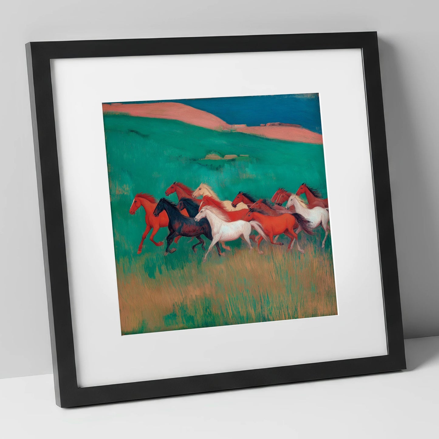 Crimson and Emerald Herd wild horses art print in black frame