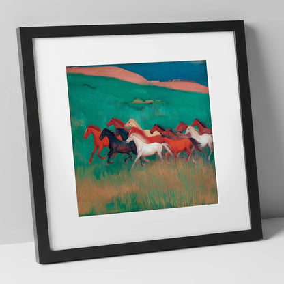 Crimson and Emerald Herd wild horses art print in black frame