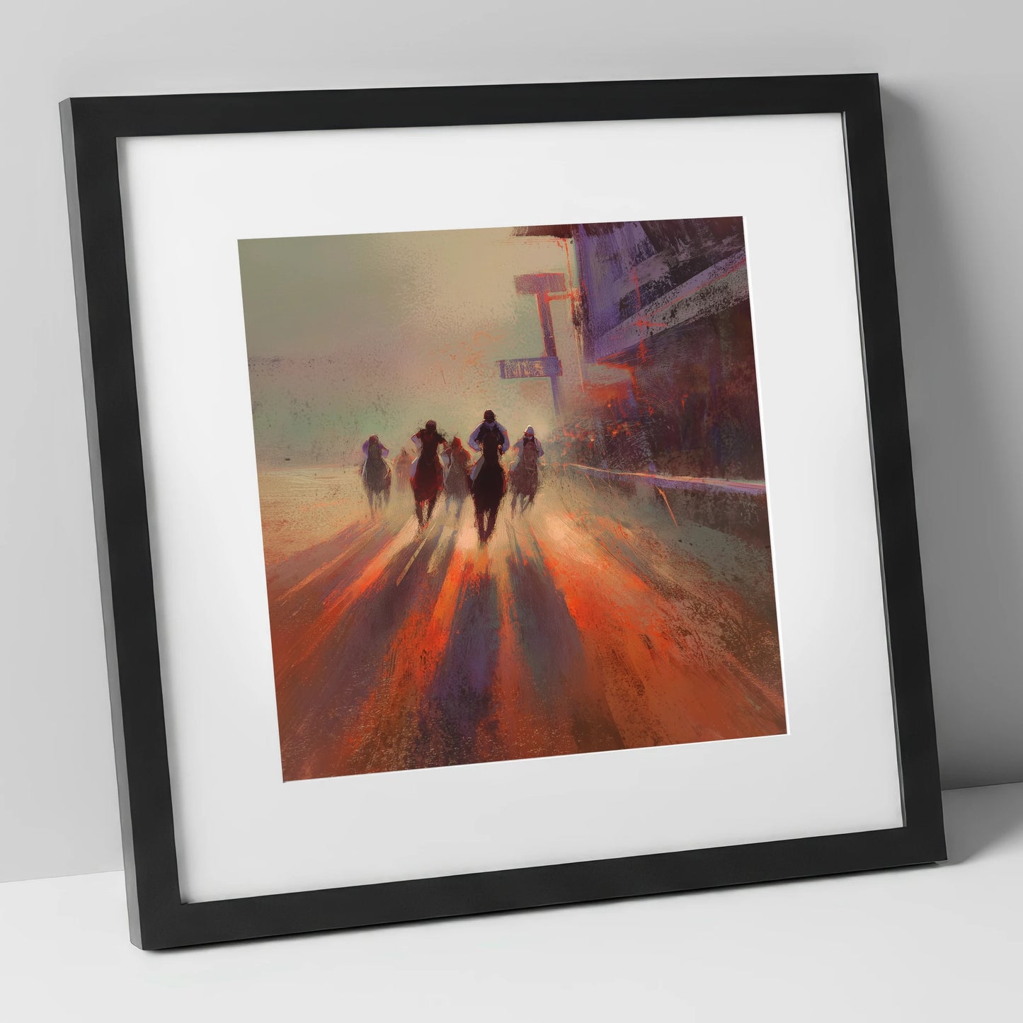 Shadows on the Track racing horse art print in black frame