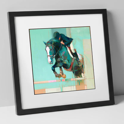 Suspended in Teal show jumping horse art print in black frame