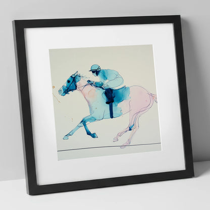 Azure Gallop racing horse art print in black frame