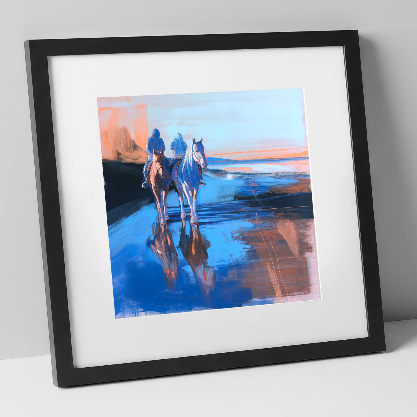 Shoreline Companions horse landscape art print in black frame