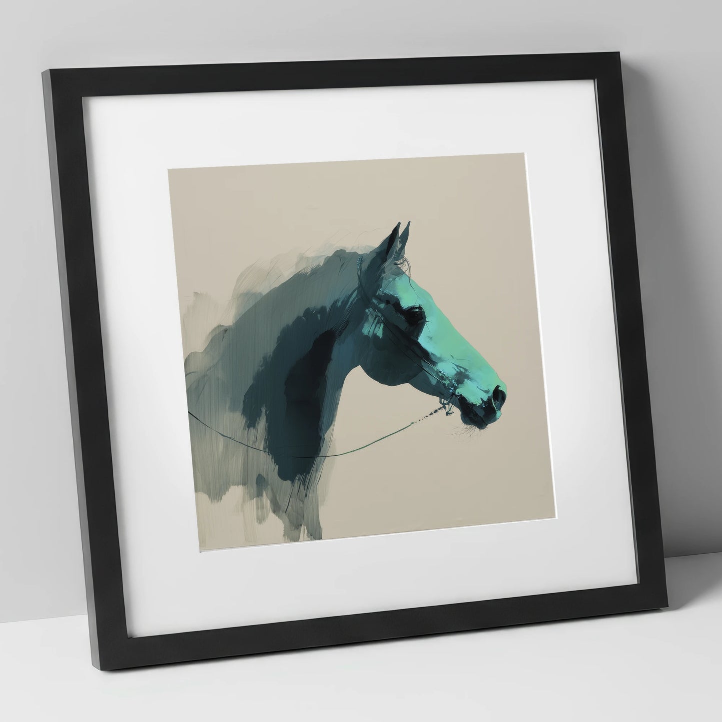 Teal Shadow Profile horse portrait art print in black frame