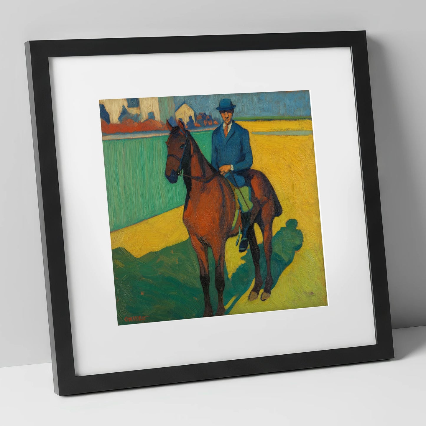 Vivid Morning Exercise racing horse art print in black frame