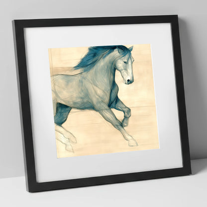 Teal Equine Study horse portrait art print in black frame