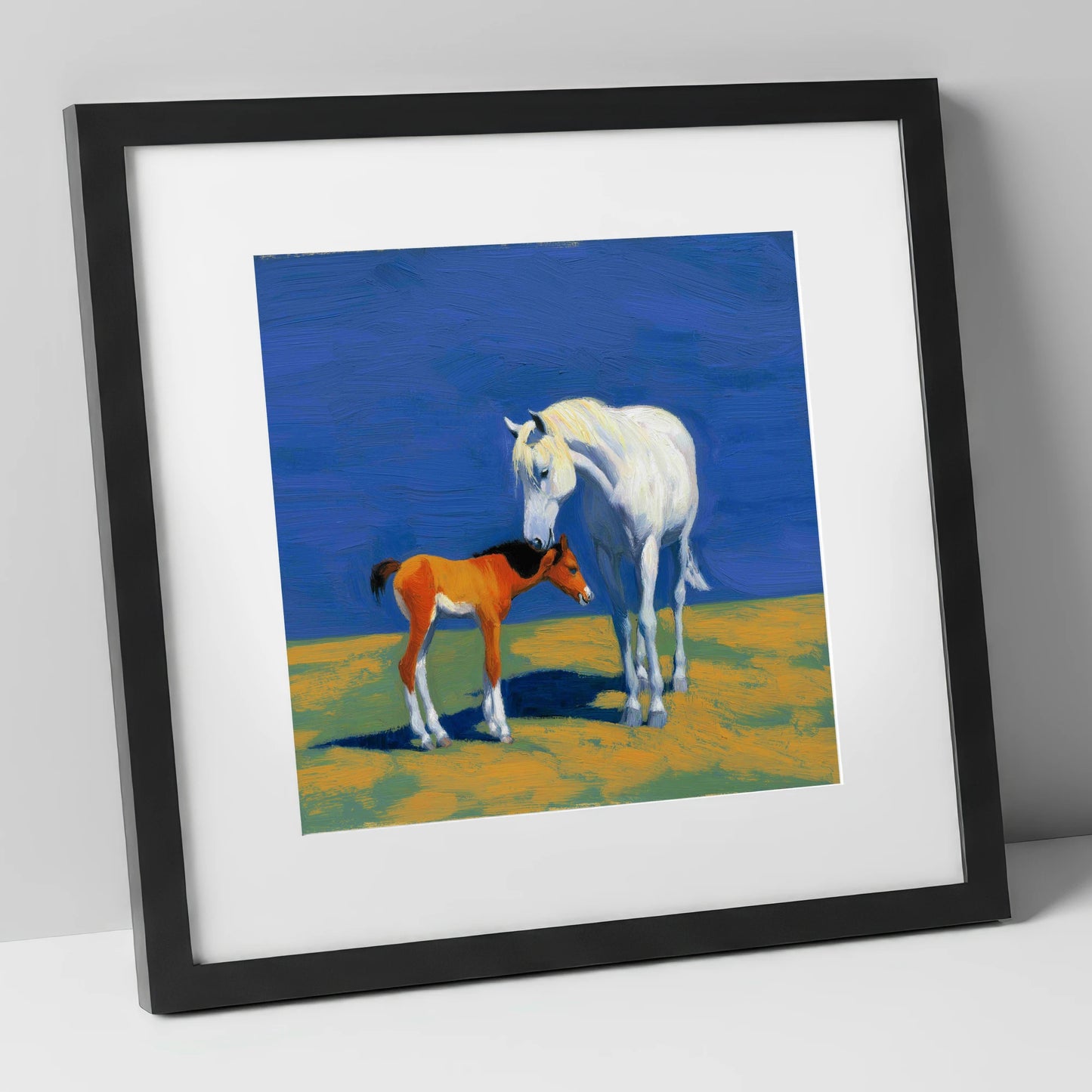 Sunlit Bond mare & foal art print in black frame