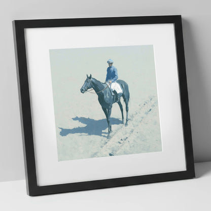 Dawn on the Gallops racing horse art print in black frame