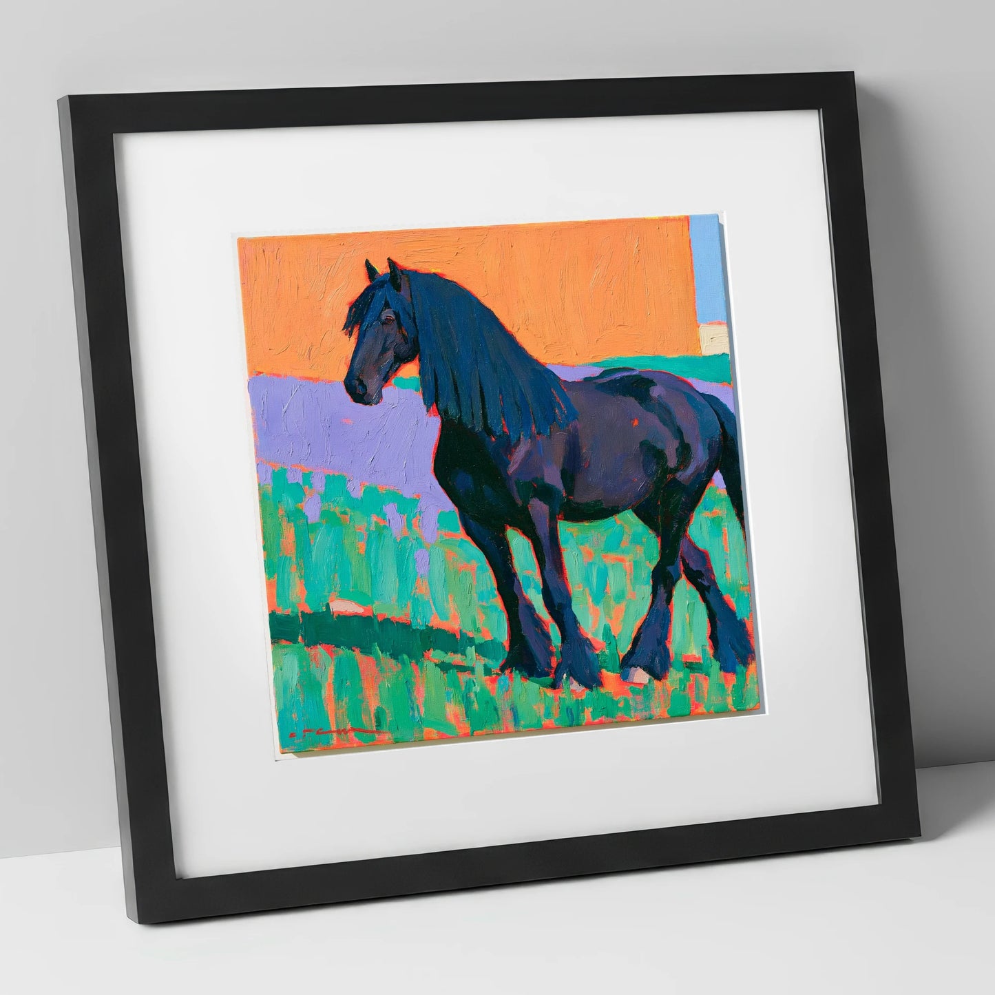 Friesian Horse in Vivid Colour horse breed art print in black frame