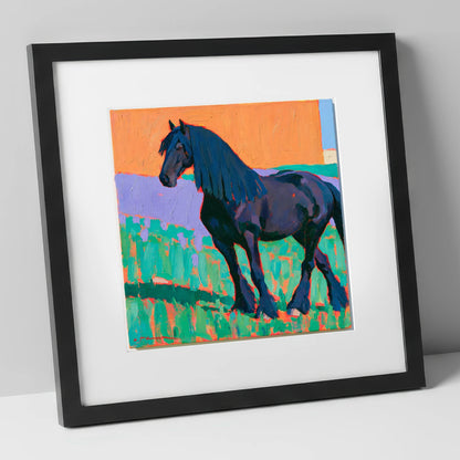 Friesian Horse in Vivid Colour horse breed art print in black frame