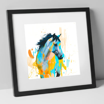 Teal and Amber Splendour horse portrait art print in black frame