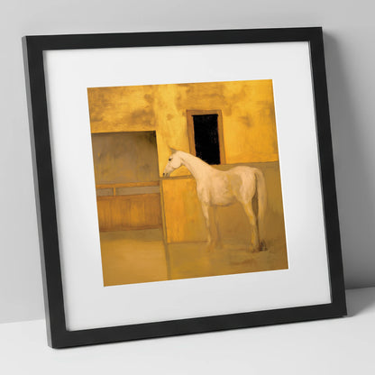 Ochre and Cream horse stable art print in black frame