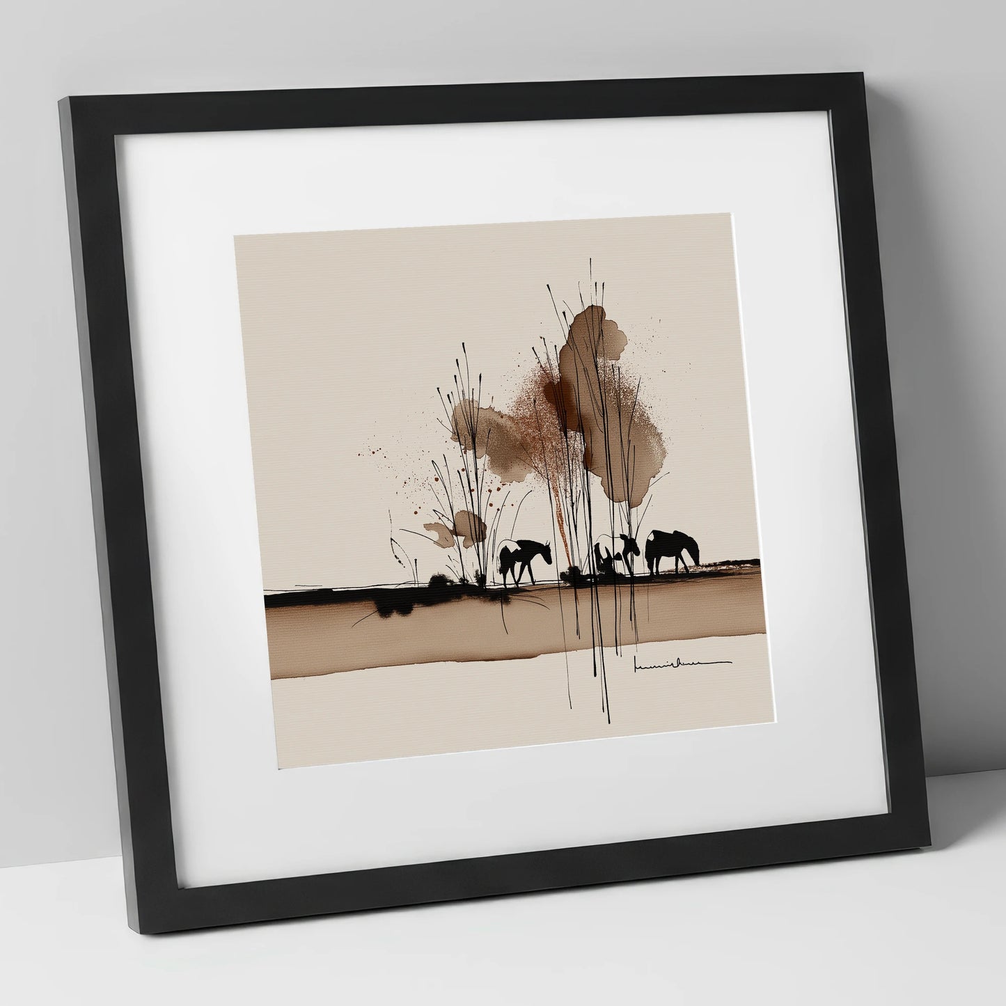 Grazing in Sepia Shadows horse landscape art print in black frame