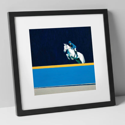 Airborne Over Azure show jumping horse art print in black frame