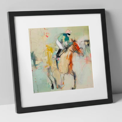 The Fleeting Stride racing horse art print in black frame