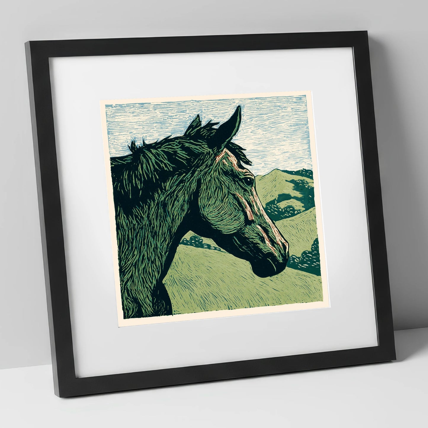 Verdant Valley Gaze horse portrait art print in black frame
