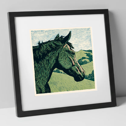 Verdant Valley Gaze horse portrait art print in black frame