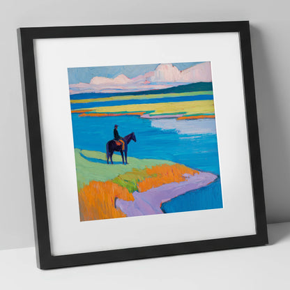 Vivid Coastal Solitude beach horse art print in black frame