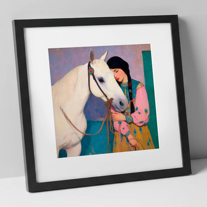 Quiet Devotion horse & rider art print in black frame