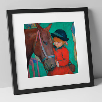 The Gentle Introduction horse & rider art print in black frame