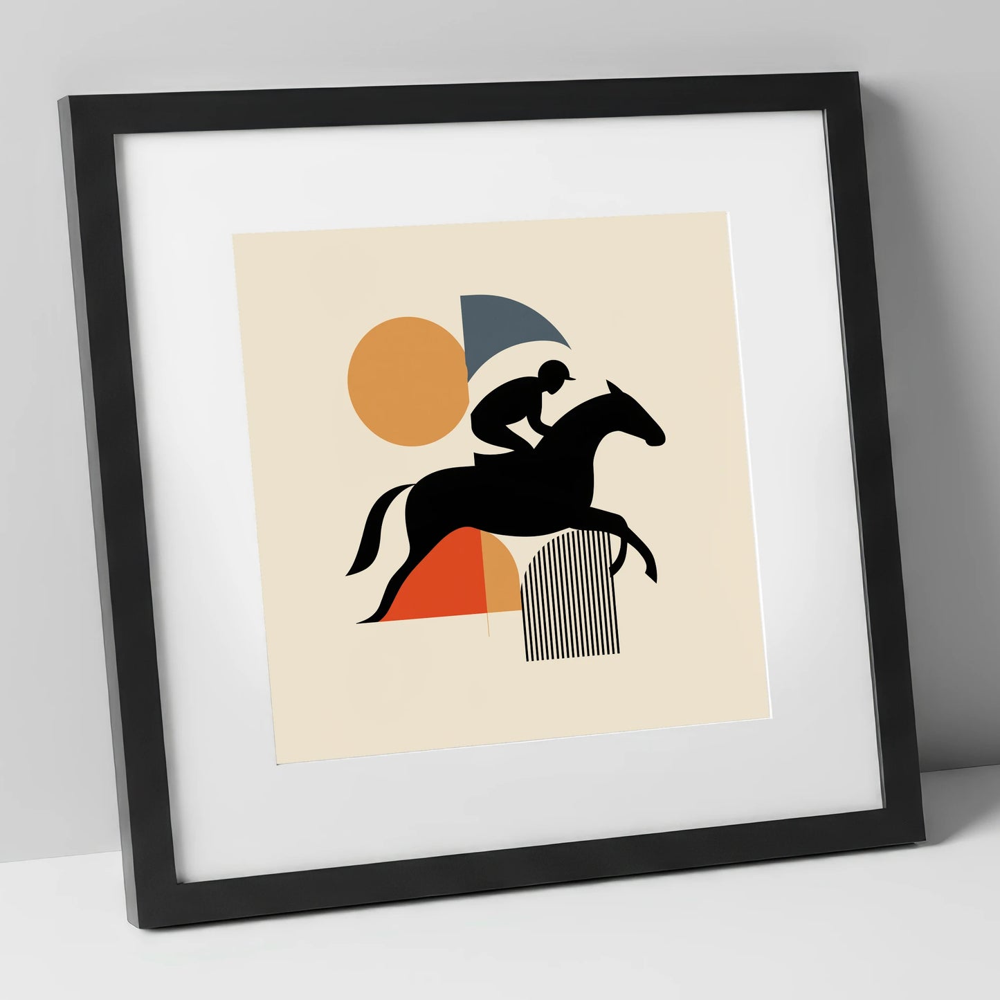Mid-Century Racing Silhouette racing horse art print in black frame