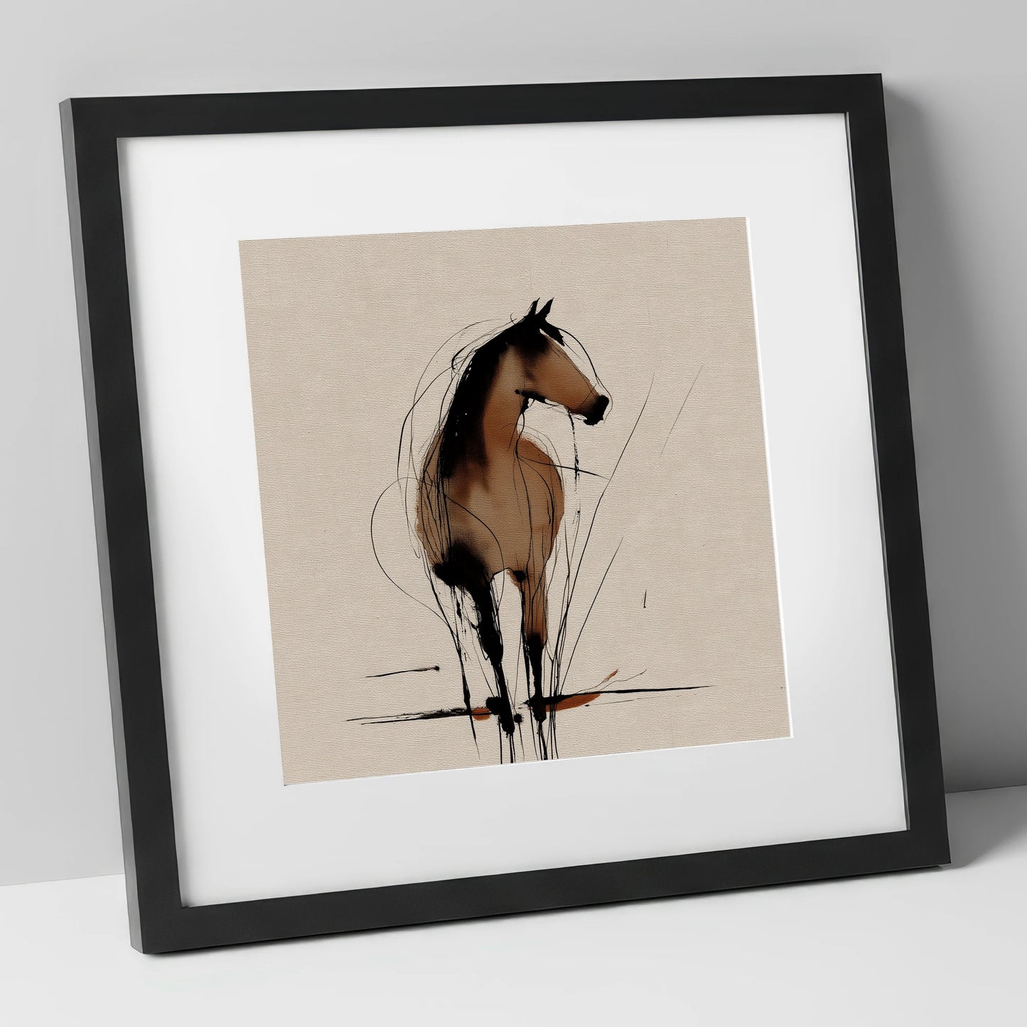 Gestural Sepia Equine horse portrait art print in black frame