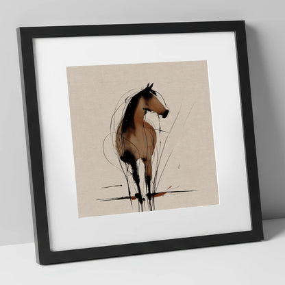 Gestural Sepia Equine horse portrait art print in black frame