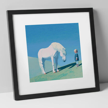 The Gentle Meeting horse & rider art print in black frame