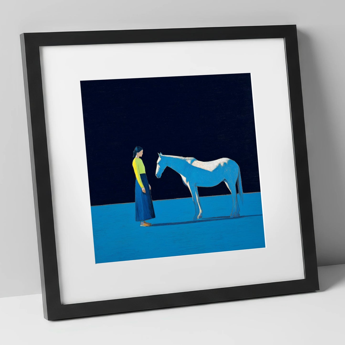A Quiet Connection horse & rider art print in black frame