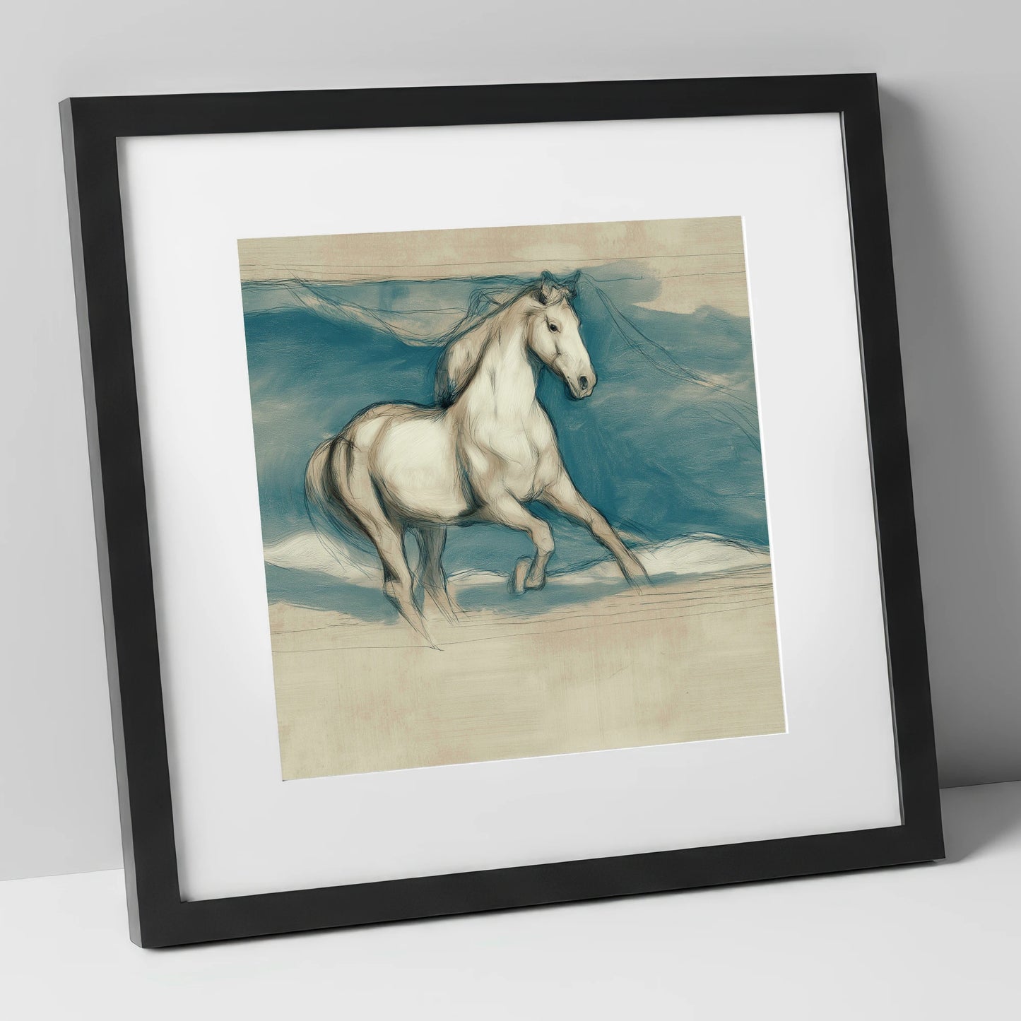 Ethereal Grey Canter horse portrait art print in black frame