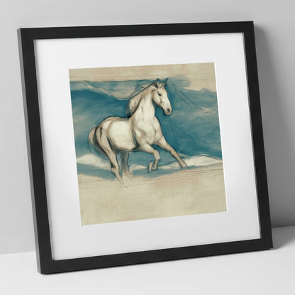Ethereal Grey Canter horse portrait art print in black frame
