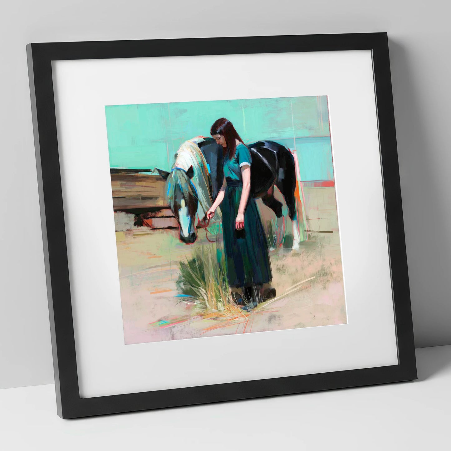Stillness in Teal horse & rider art print in black frame