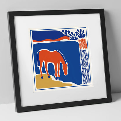 Abstract Azure Grazer horse landscape art print in black frame