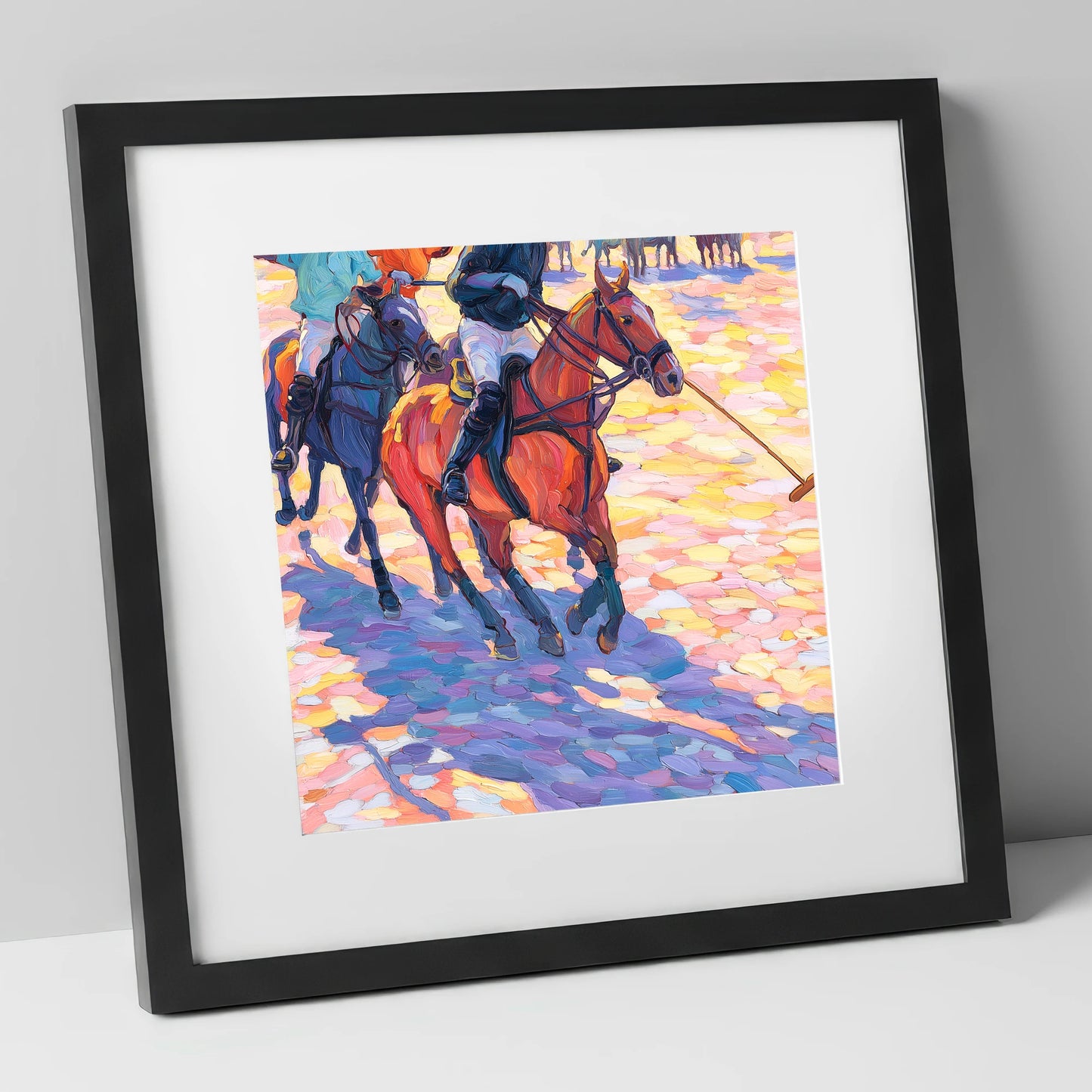 Sunset Chukka Shadows polo horse art print in black frame