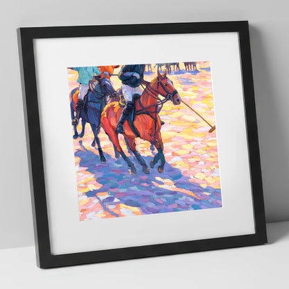 Sunset Chukka Shadows polo horse art print in black frame