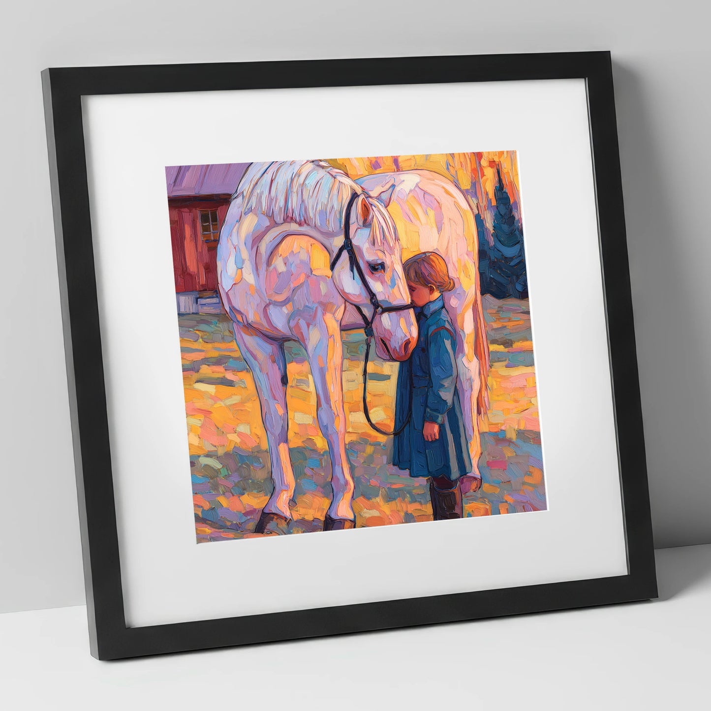 A Quiet Connection horse & rider art print in black frame