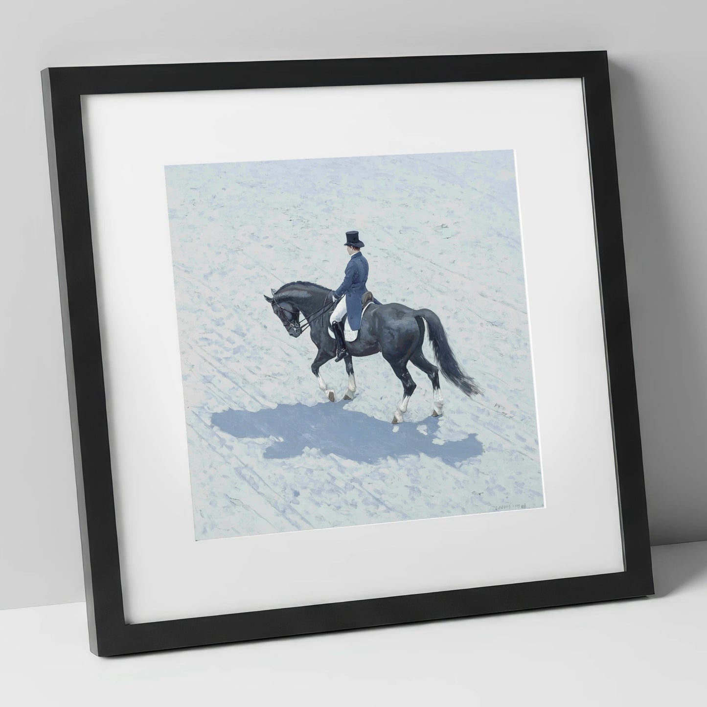 Focus and Shadow dressage horse art print in black frame