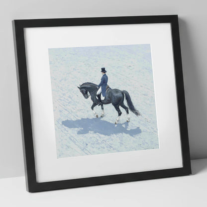 Focus and Shadow dressage horse art print in black frame