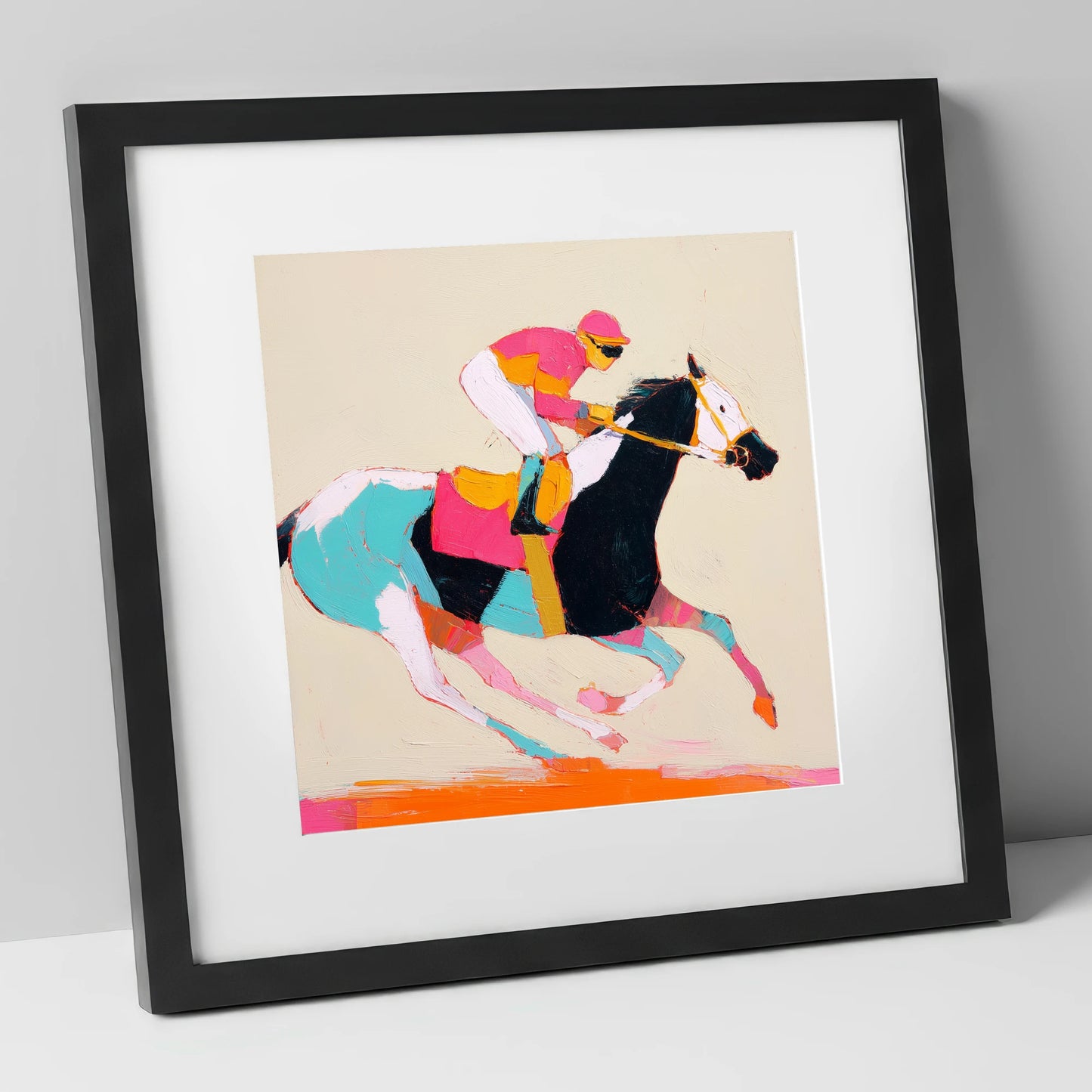 Technicolour Gallop racing horse art print in black frame