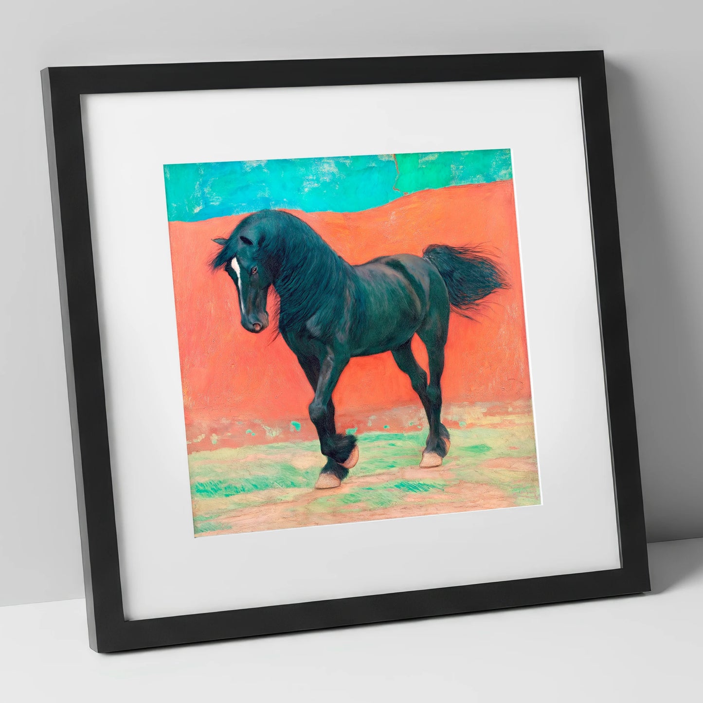 Bold Friesian Rhythm horse breed art print in black frame
