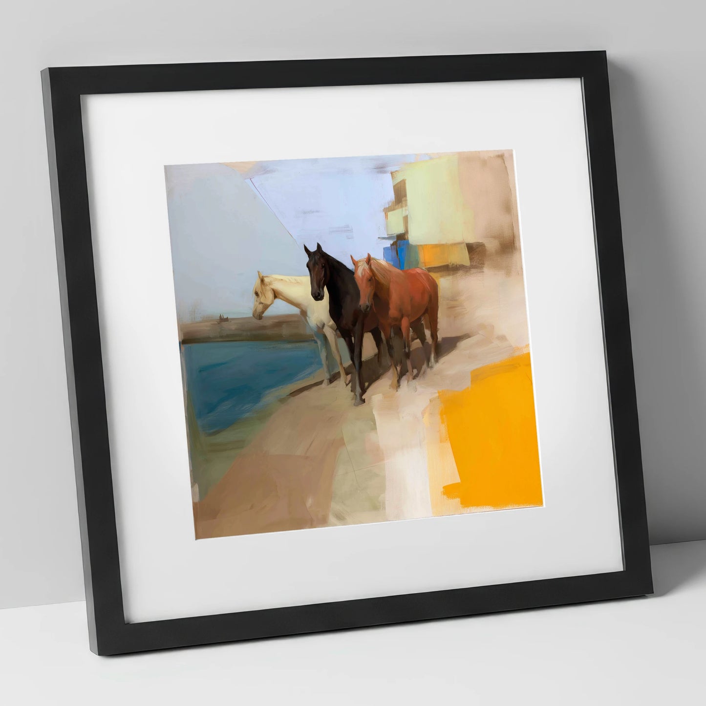 The Waterfront Trio horse landscape art print in black frame