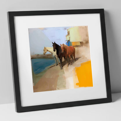 The Waterfront Trio horse landscape art print in black frame