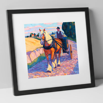 Evening Draught on Cobbles working horse art print in black frame