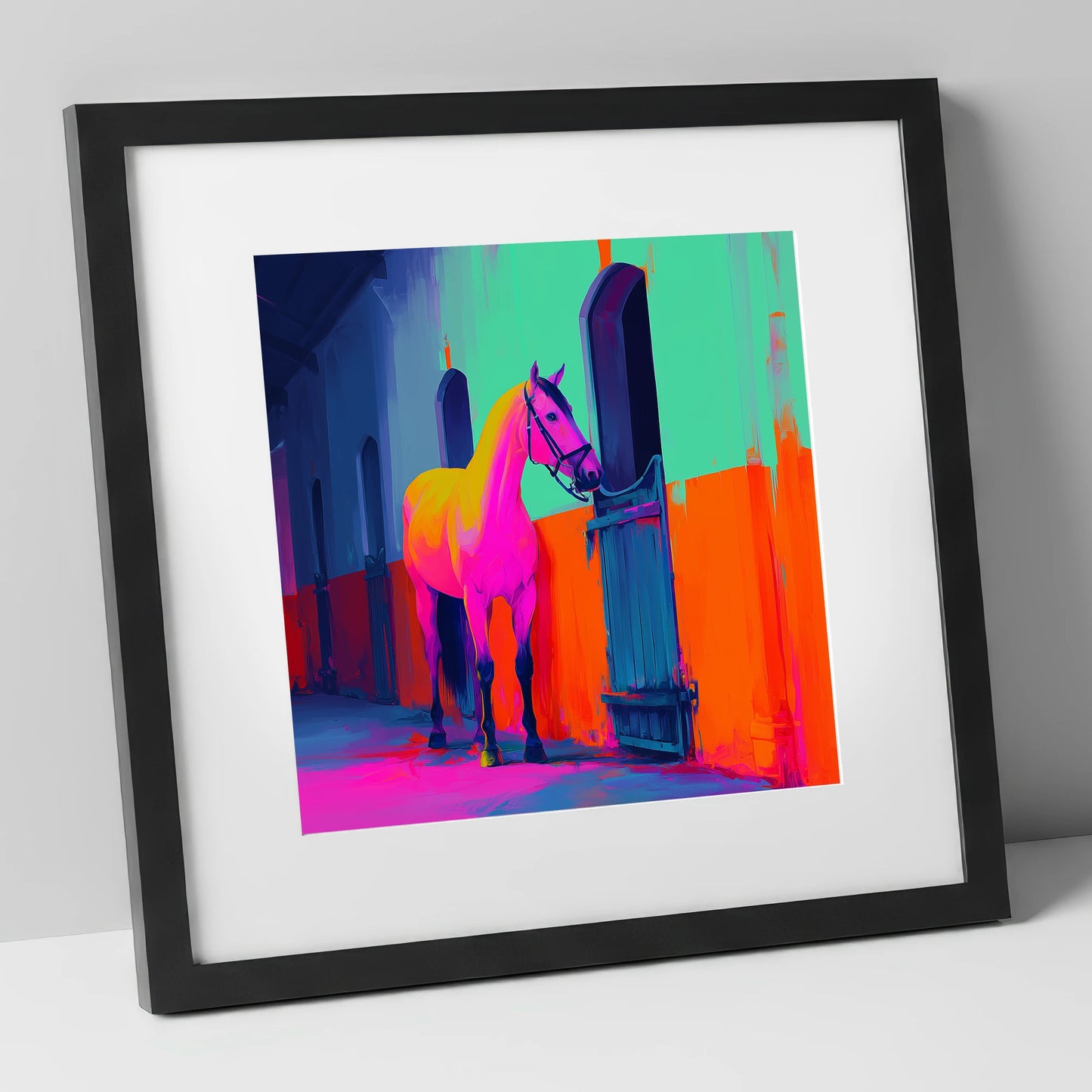 Neon Stable Companion horse stable art print in black frame