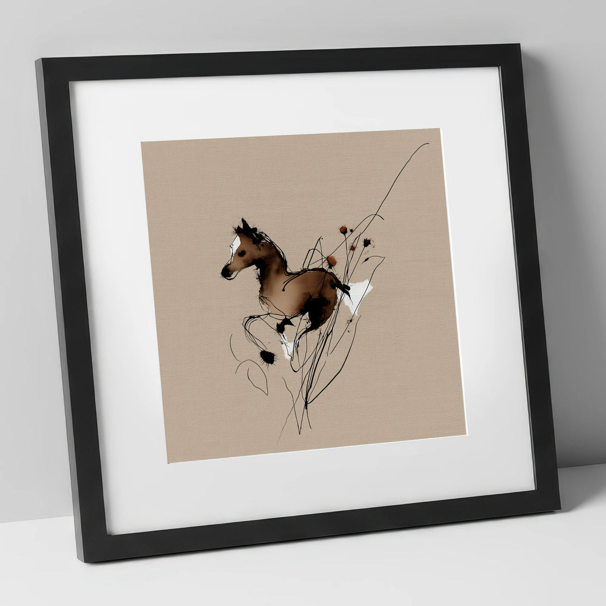 Joyful Bound horse portrait art print in black frame