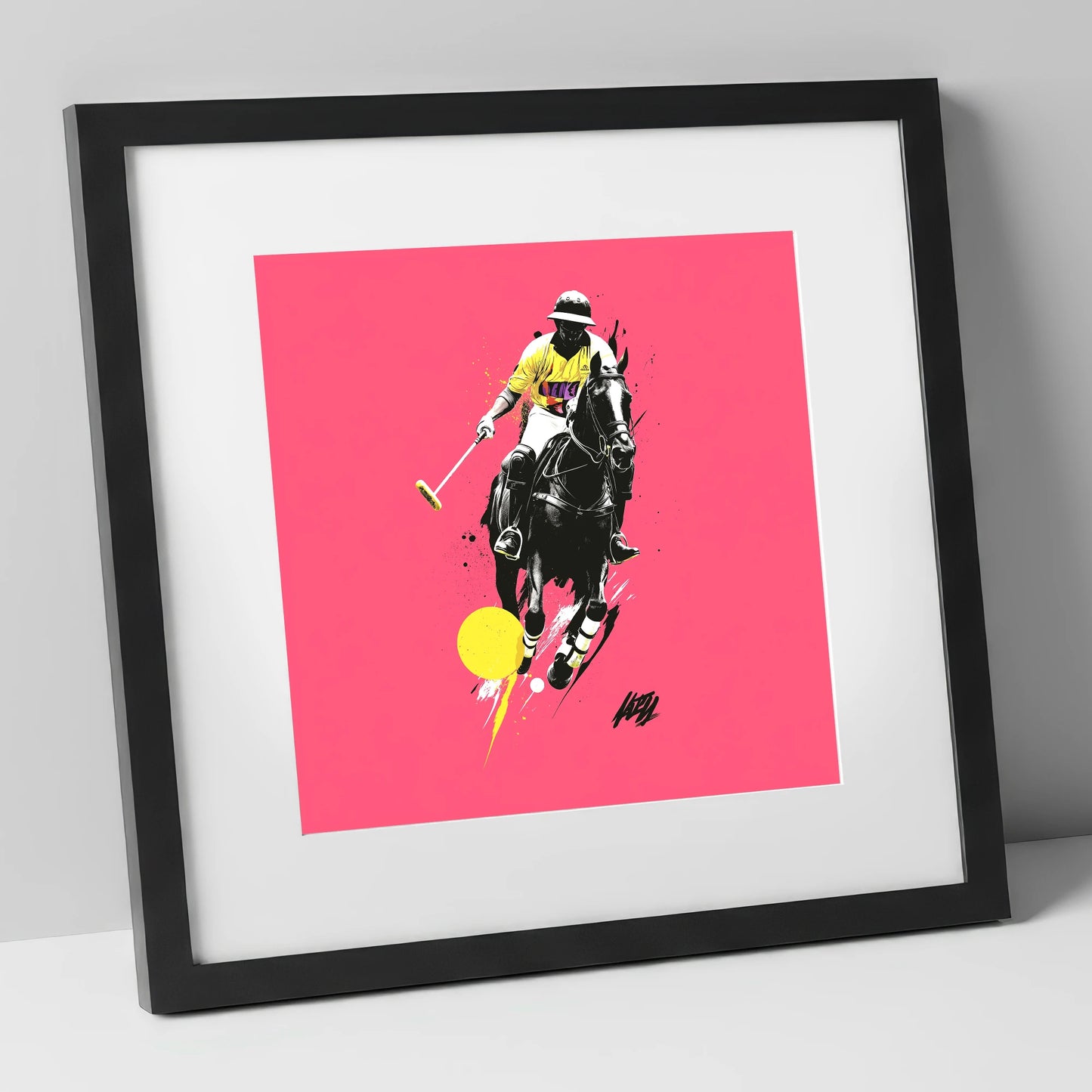 Magenta Chukka polo horse art print in black frame