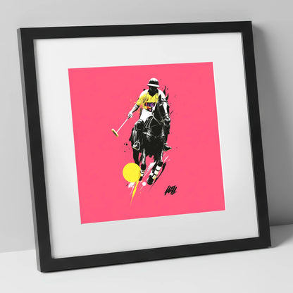 Magenta Chukka polo horse art print in black frame