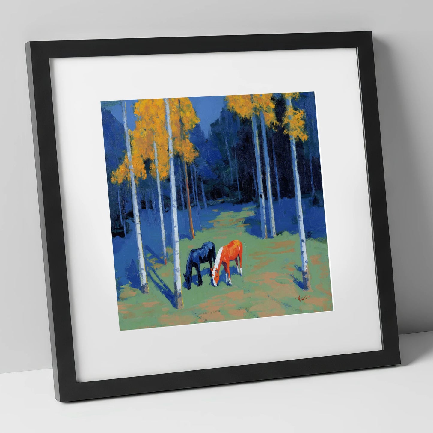 Birch Grove Grazing horse landscape art print in black frame